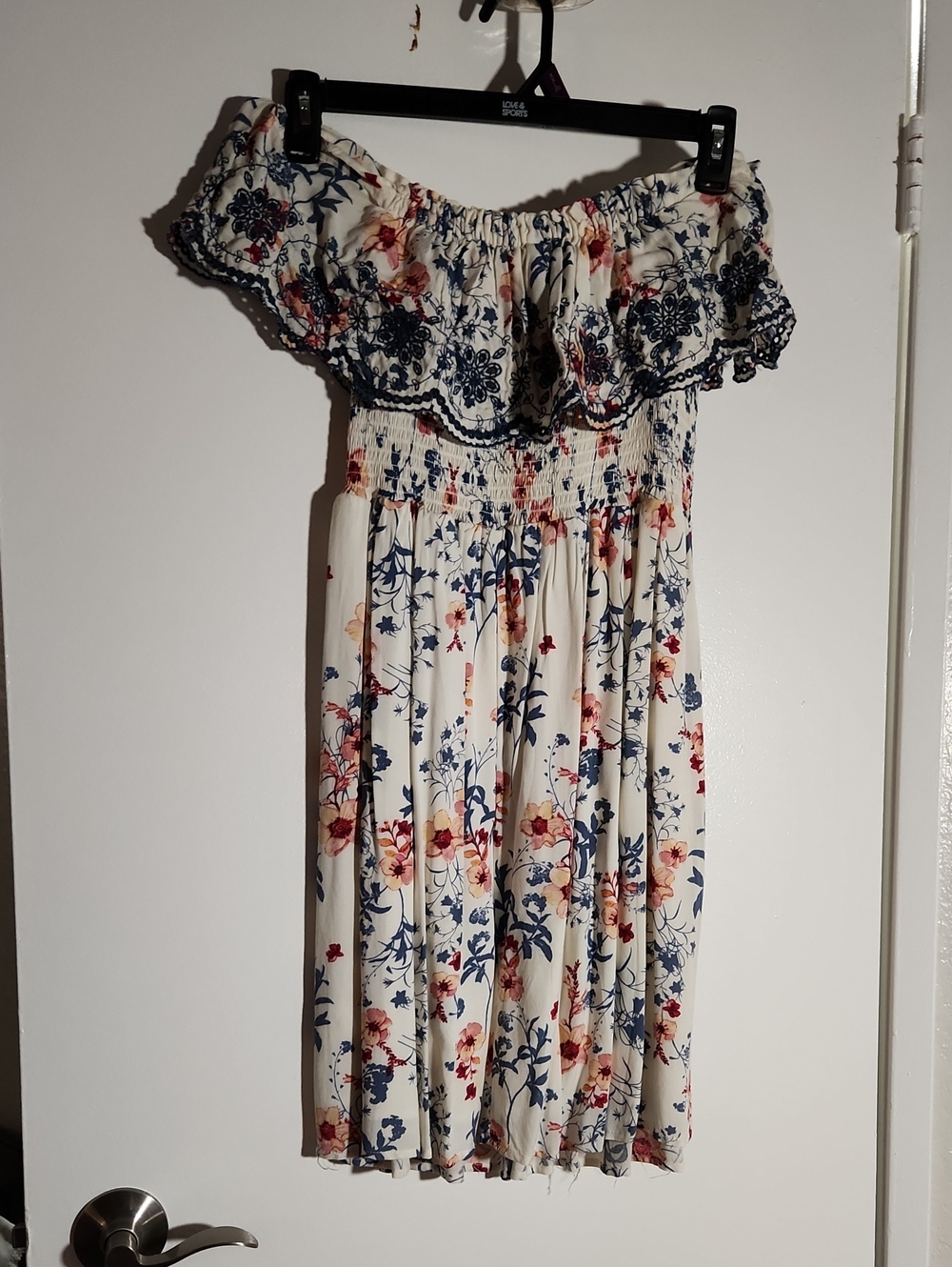 Xhilaration Cream Off-Shoulder Floral Sundress with Navy and Pink Print